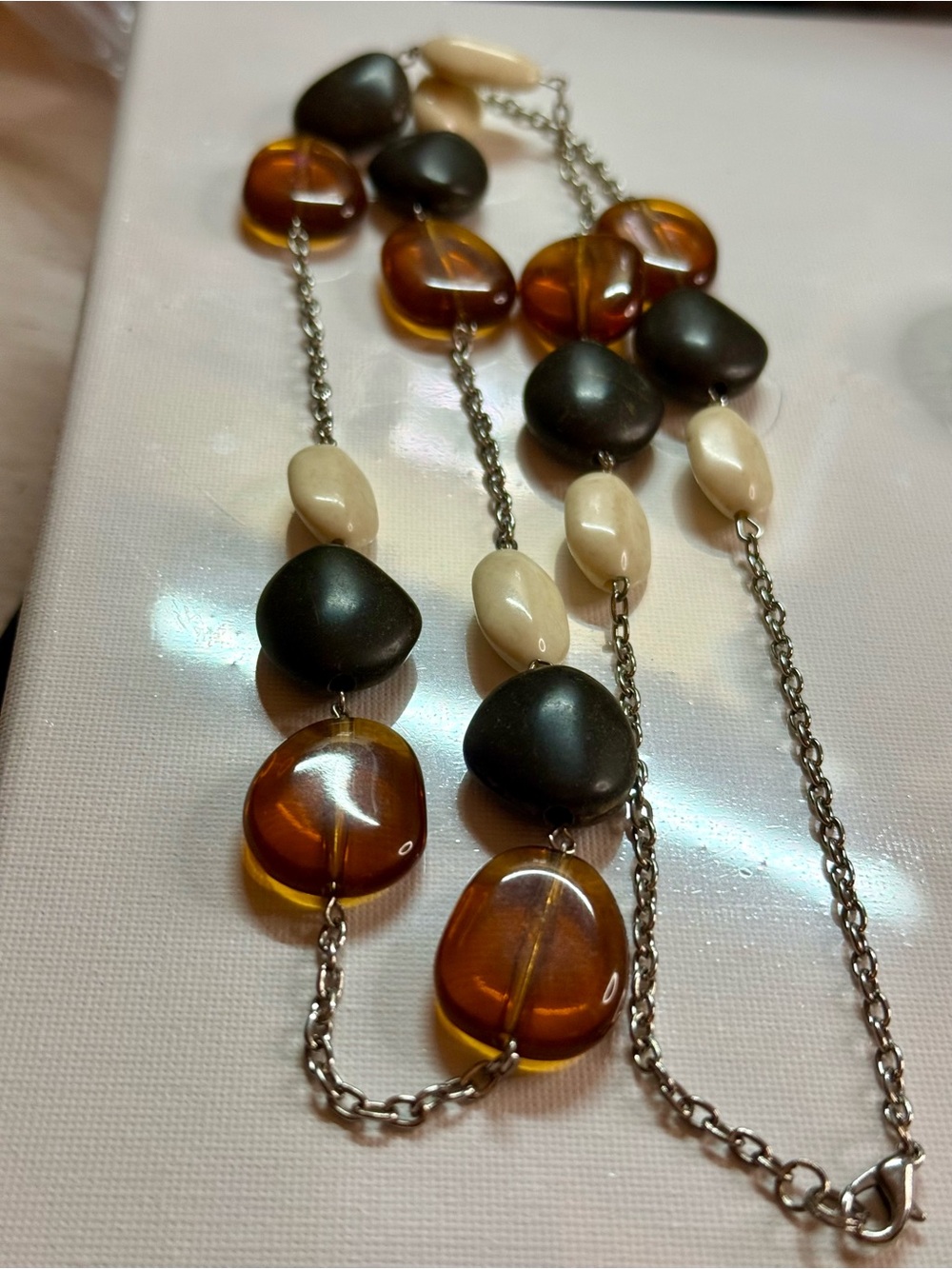 Beaded Long Necklace with Amber, Cream and Matte Black Stones